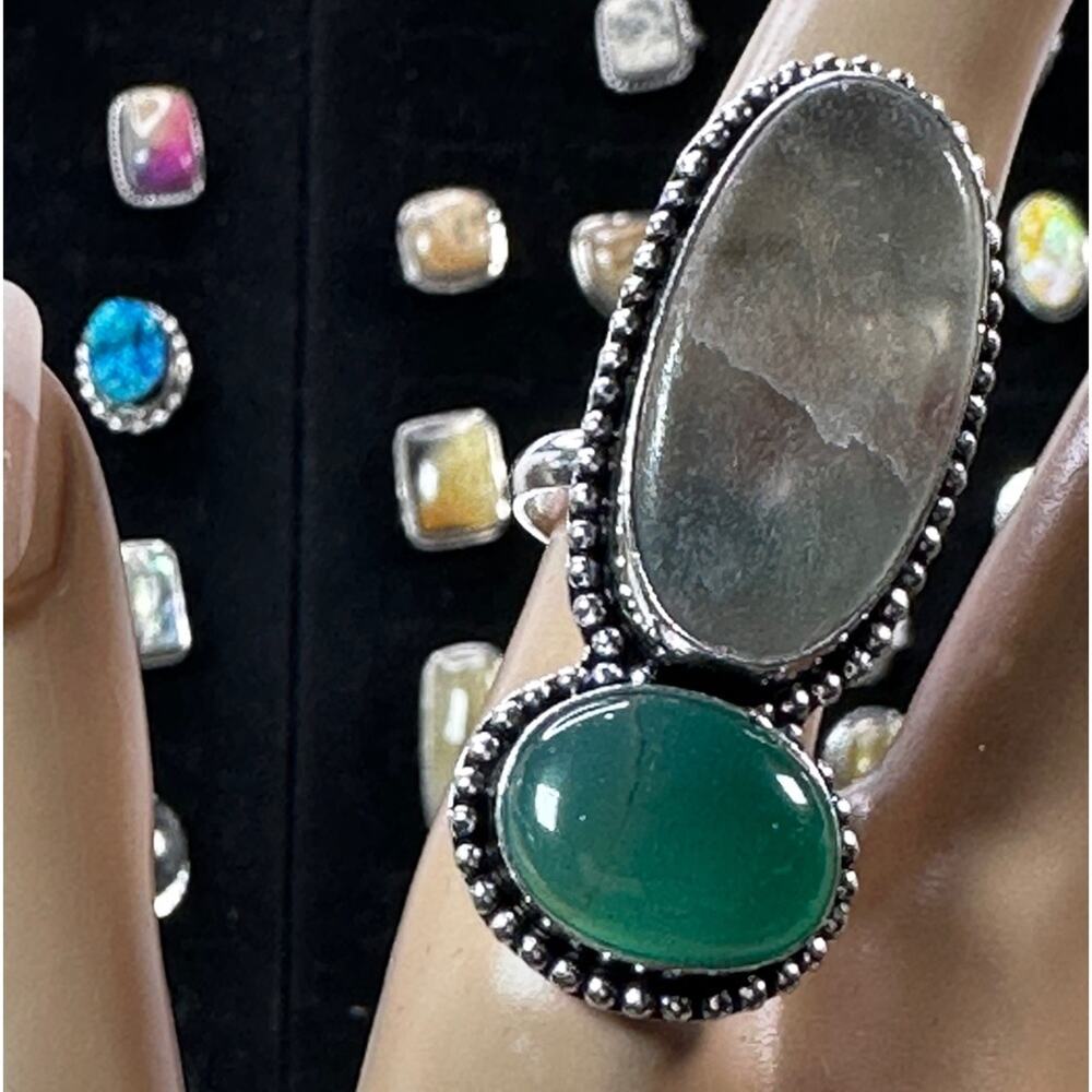 💕 Dendritic‎ agate and Chalcedony, double gemstone ring silver plated size 8